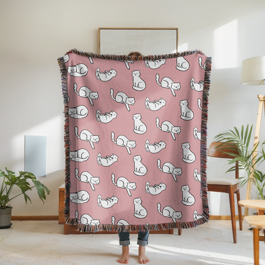 Cute Cat Pattern Woven Blanket, Pink Cat Lover Throw Blanket, Cozy Feline Home Decor, Cat Mom Gift, Pet Lover Couch Blanket