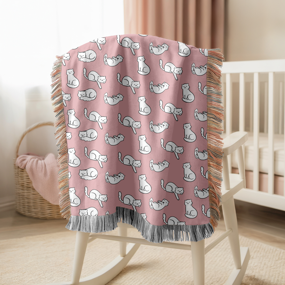 Cute Cat Pattern Woven Blanket, Pink Cat Lover Throw Blanket, Cozy Feline Home Decor, Cat Mom Gift, Pet Lover Couch Blanket