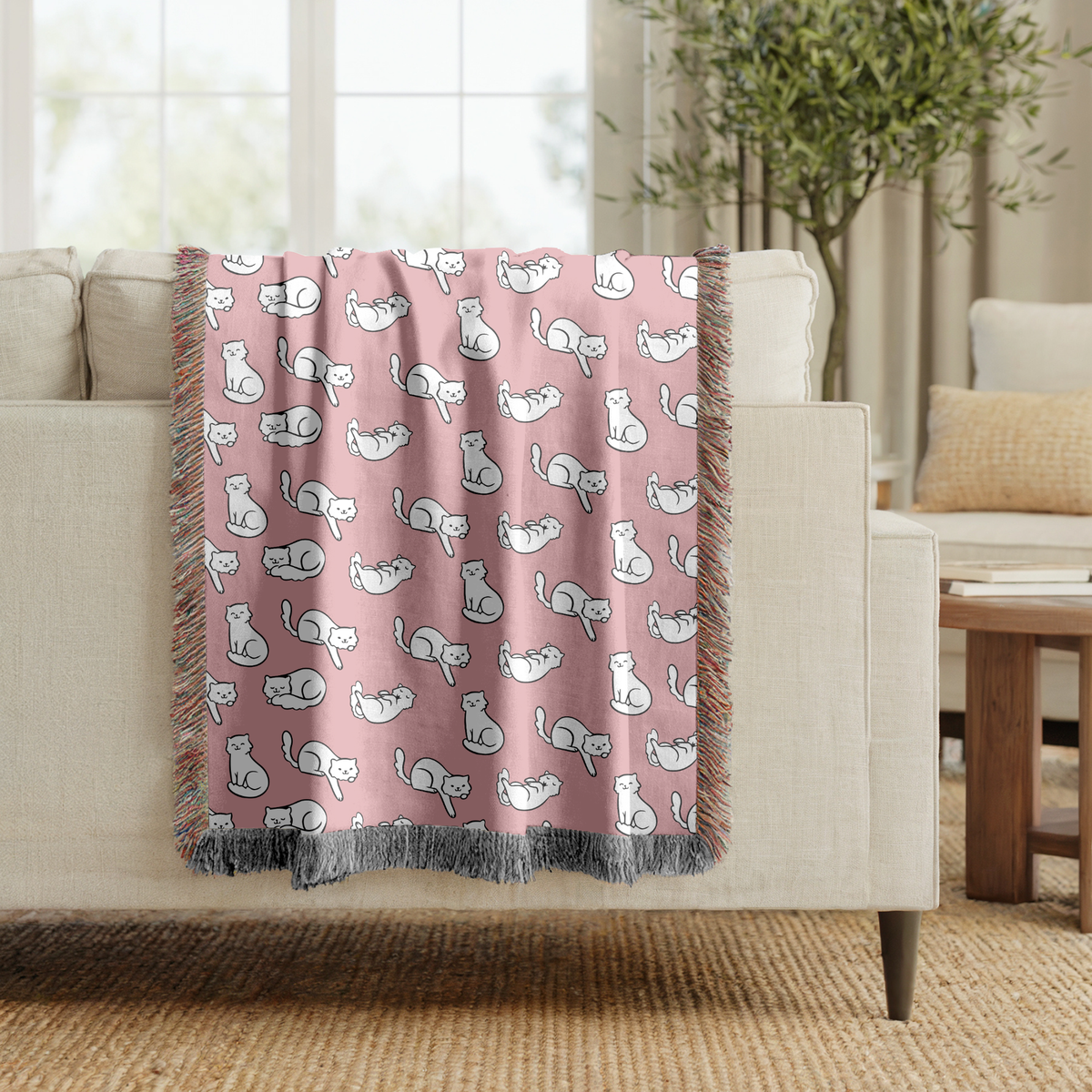 Cute Cat Pattern Woven Blanket, Pink Cat Lover Throw Blanket, Cozy Feline Home Decor, Cat Mom Gift, Pet Lover Couch Blanket