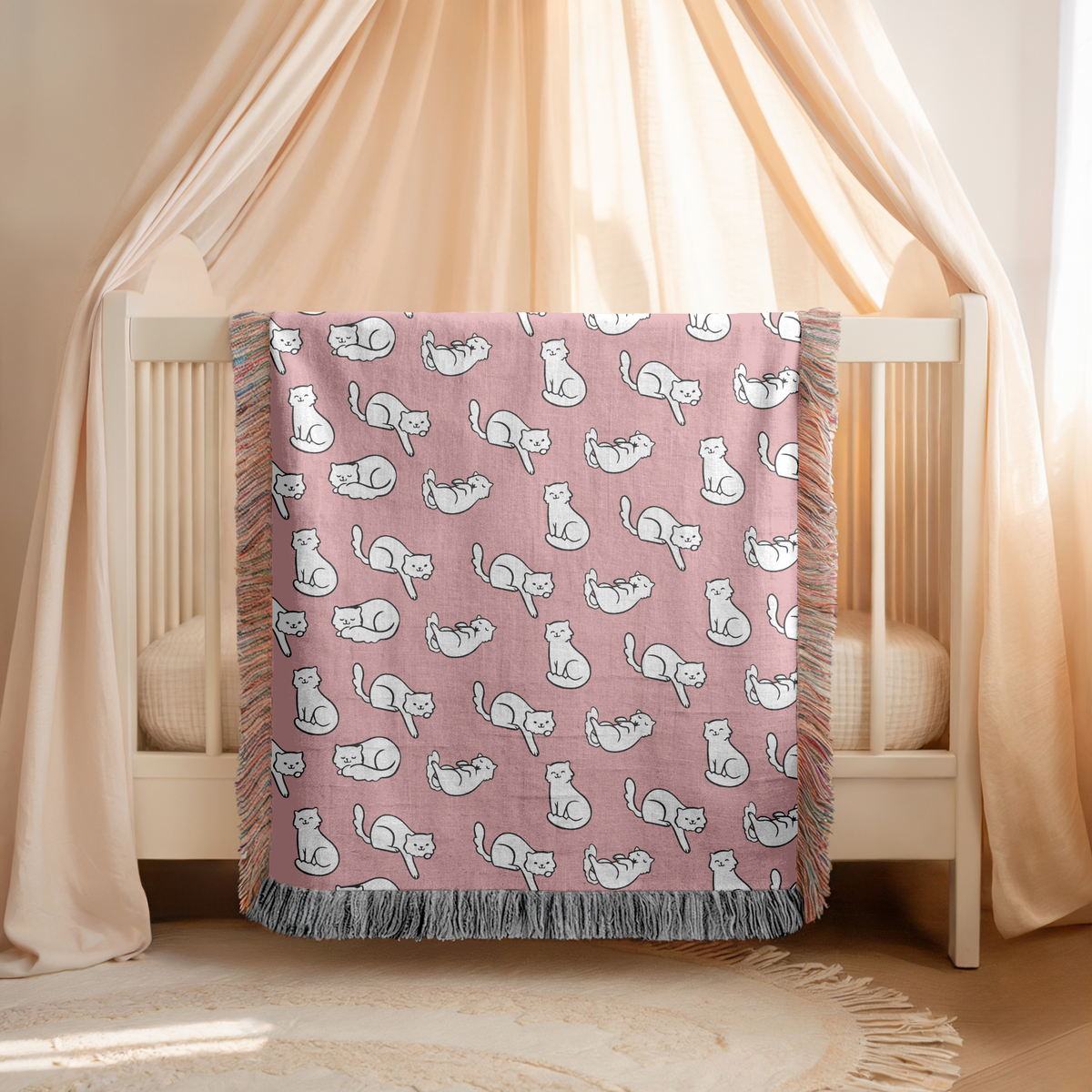 Cute Cat Pattern Woven Blanket, Pink Cat Lover Throw Blanket, Cozy Feline Home Decor, Cat Mom Gift, Pet Lover Couch Blanket