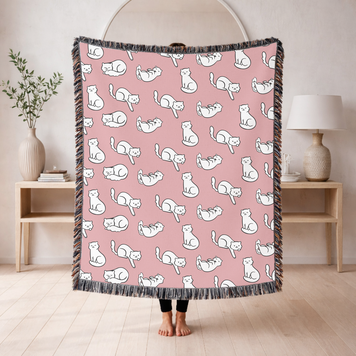Cute Cat Pattern Woven Blanket, Pink Cat Lover Throw Blanket, Cozy Feline Home Decor, Cat Mom Gift, Pet Lover Couch Blanket