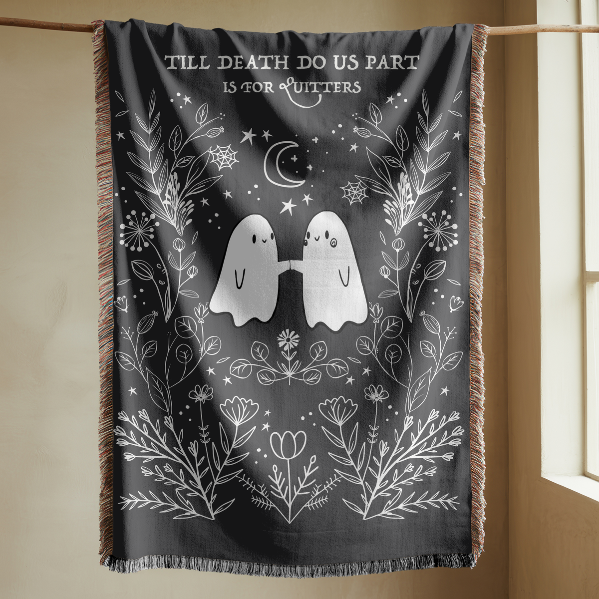 Gothic Ghost Couple Woven Blanket, Till Death Do Us Part Throw Blanket, Halloween Love Gift, Spooky Romantic Home Decor