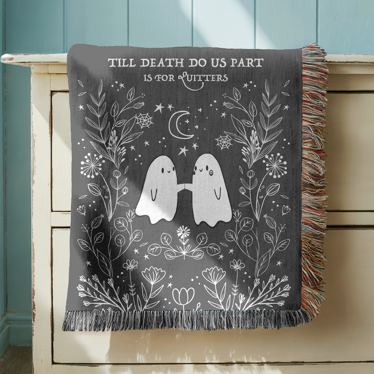 Gothic Ghost Couple Woven Blanket, Till Death Do Us Part Throw Blanket, Halloween Love Gift, Spooky Romantic Home Decor