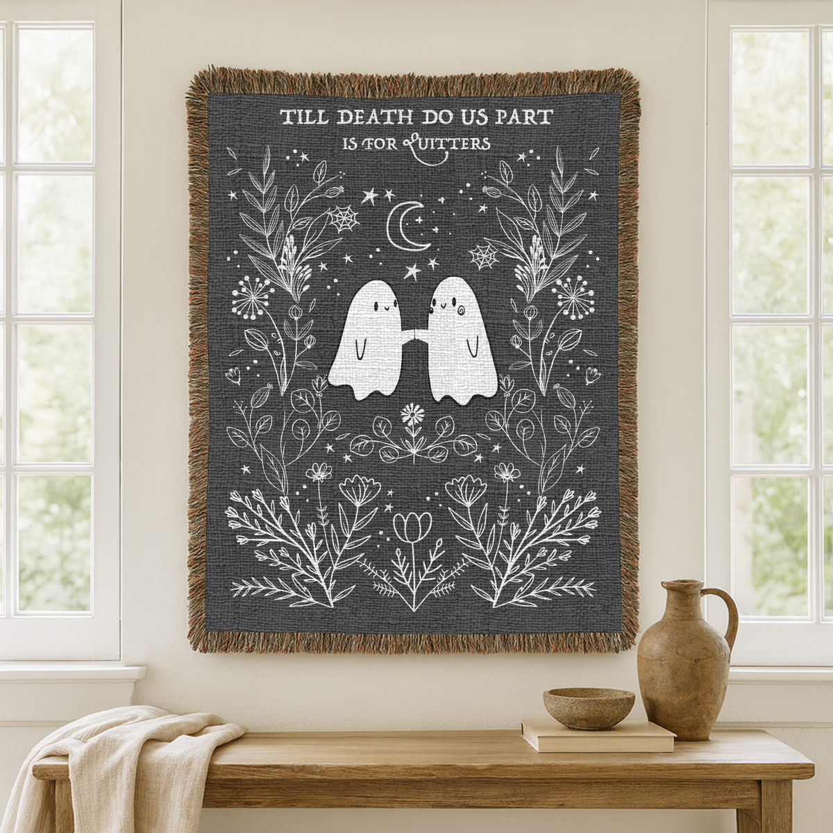 Gothic Ghost Couple Woven Blanket, Till Death Do Us Part Throw Blanket, Halloween Love Gift, Spooky Romantic Home Decor