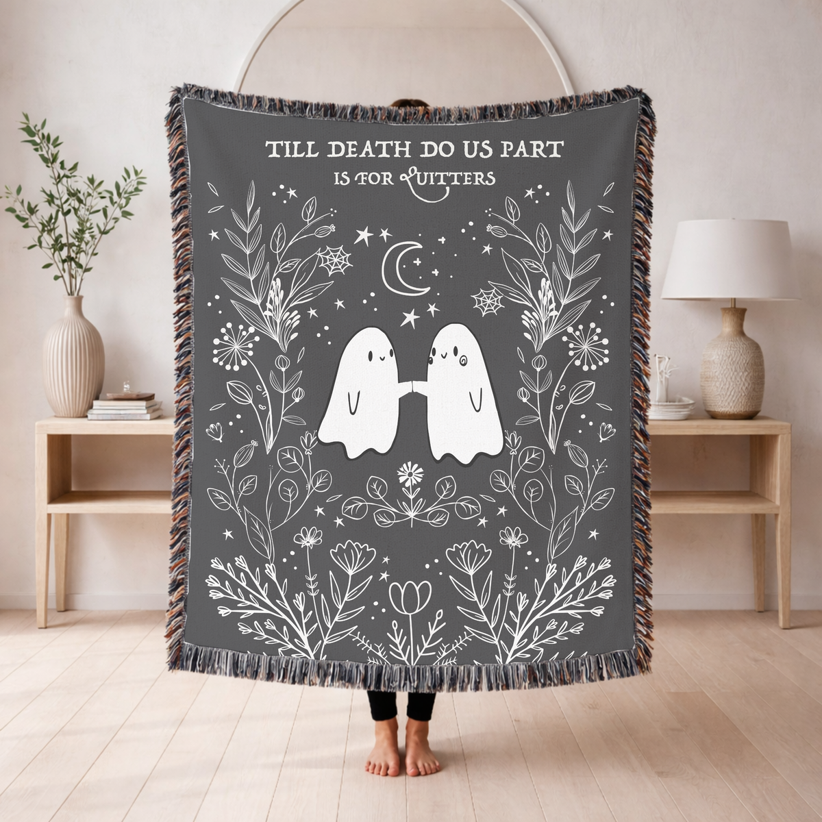 Gothic Ghost Couple Woven Blanket, Till Death Do Us Part Throw Blanket, Halloween Love Gift, Spooky Romantic Home Decor