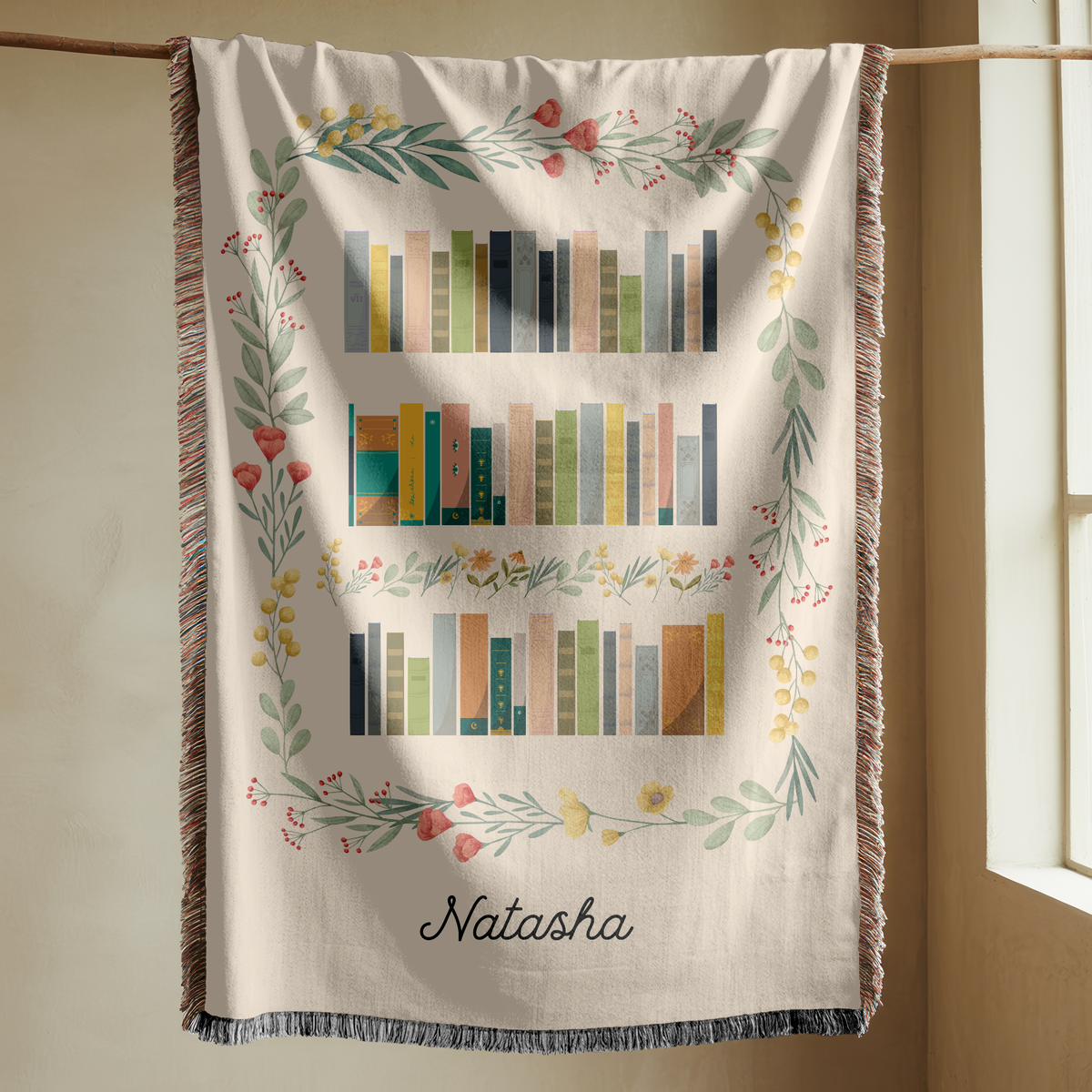 Personalized Book Lover Woven Blanket, Custom Name Reading Blanket, Bookshelf Throw for Readers, Librarian Gift, Cozy Literary Decor