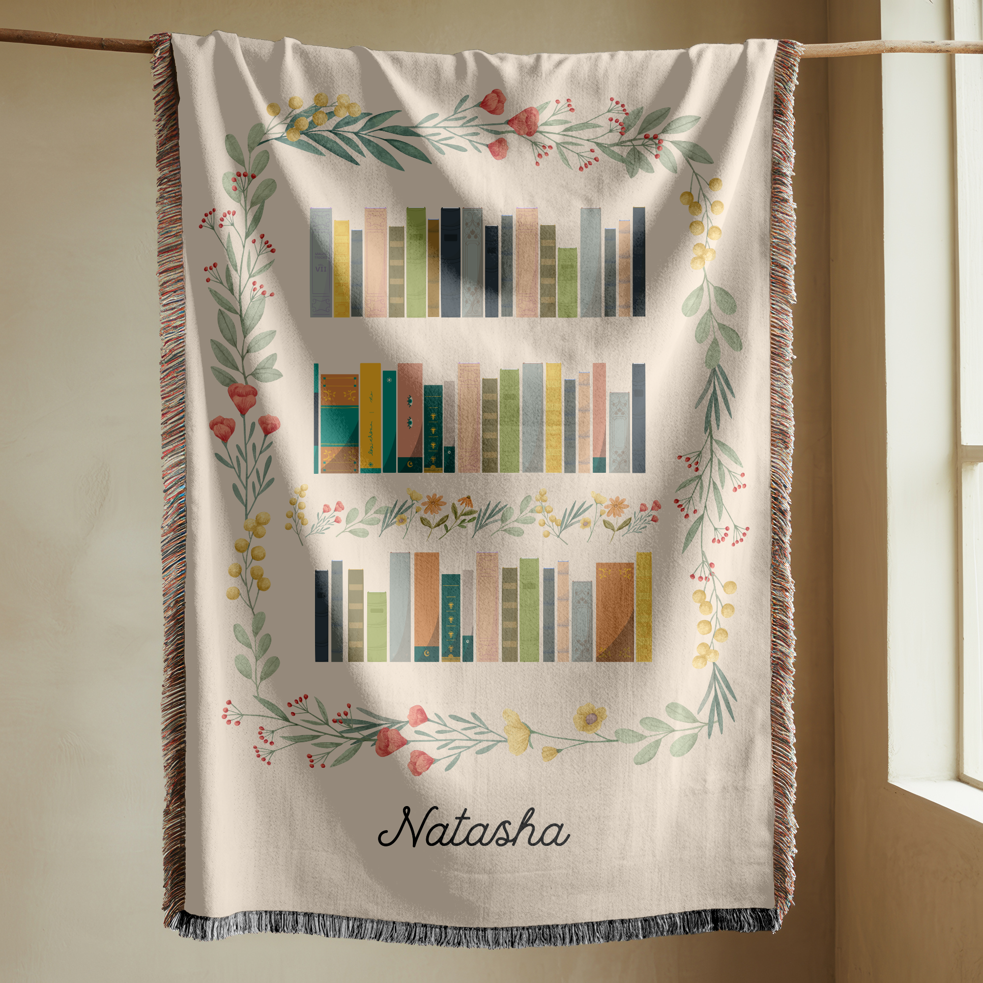 Personalized Book Lover Woven Blanket, Custom Name Reading Blanket, Bookshelf Throw for Readers, Librarian Gift, Cozy Literary Decor