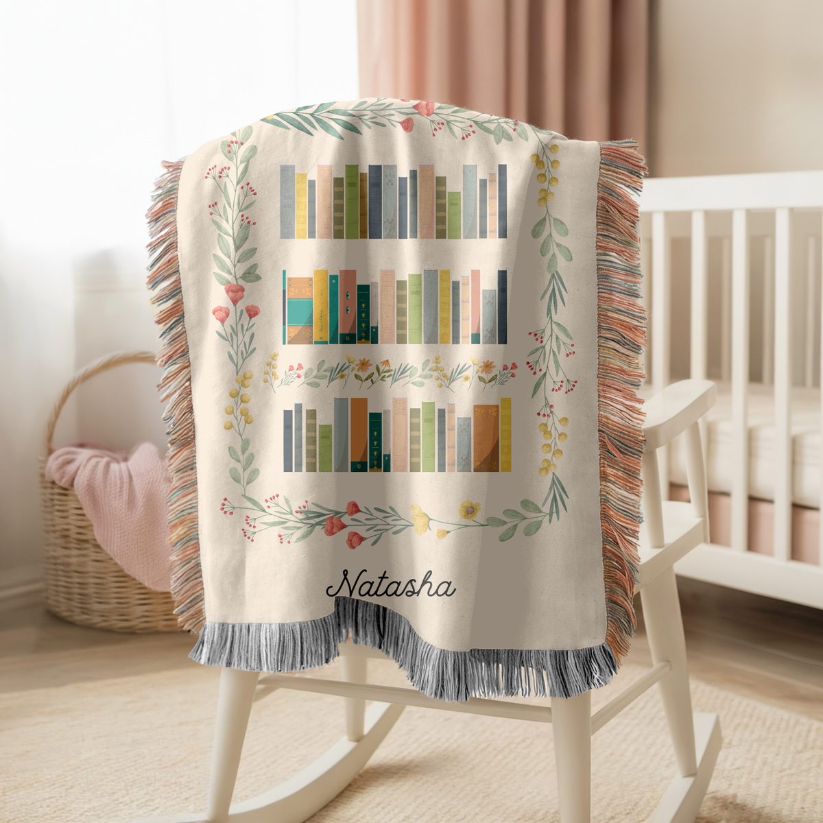 Personalized Book Lover Woven Blanket, Custom Name Reading Blanket, Bookshelf Throw for Readers, Librarian Gift, Cozy Literary Decor