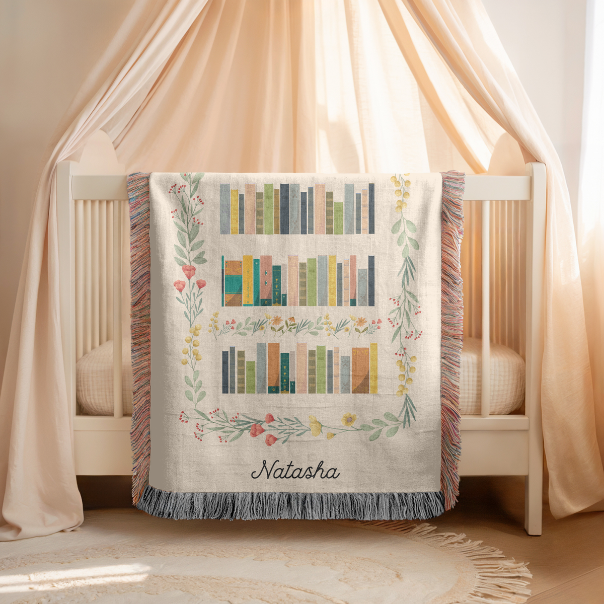Personalized Book Lover Woven Blanket, Custom Name Reading Blanket, Bookshelf Throw for Readers, Librarian Gift, Cozy Literary Decor