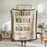 Personalized Book Lover Woven Blanket, Custom Name Reading Blanket, Bookshelf Throw for Readers, Librarian Gift, Cozy Literary Decor