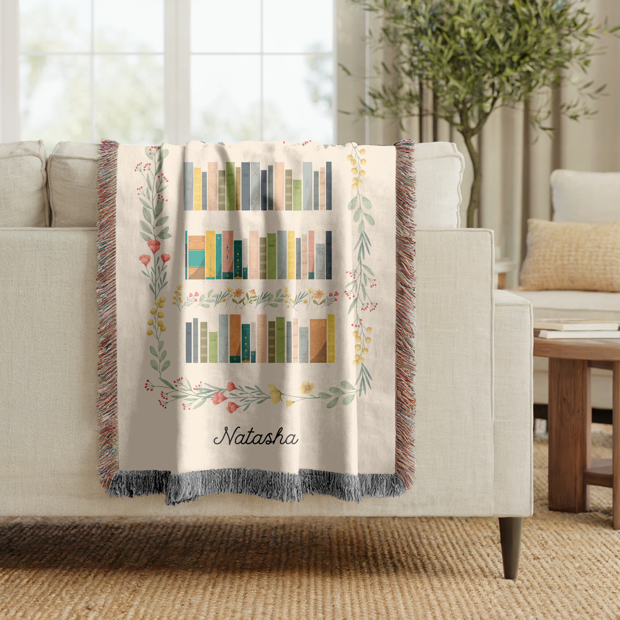 Personalized Book Lover Woven Blanket, Custom Name Reading Blanket, Bookshelf Throw for Readers, Librarian Gift, Cozy Literary Decor
