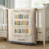 Personalized Book Lover Woven Blanket, Custom Name Reading Blanket, Bookshelf Throw for Readers, Librarian Gift, Cozy Literary Decor