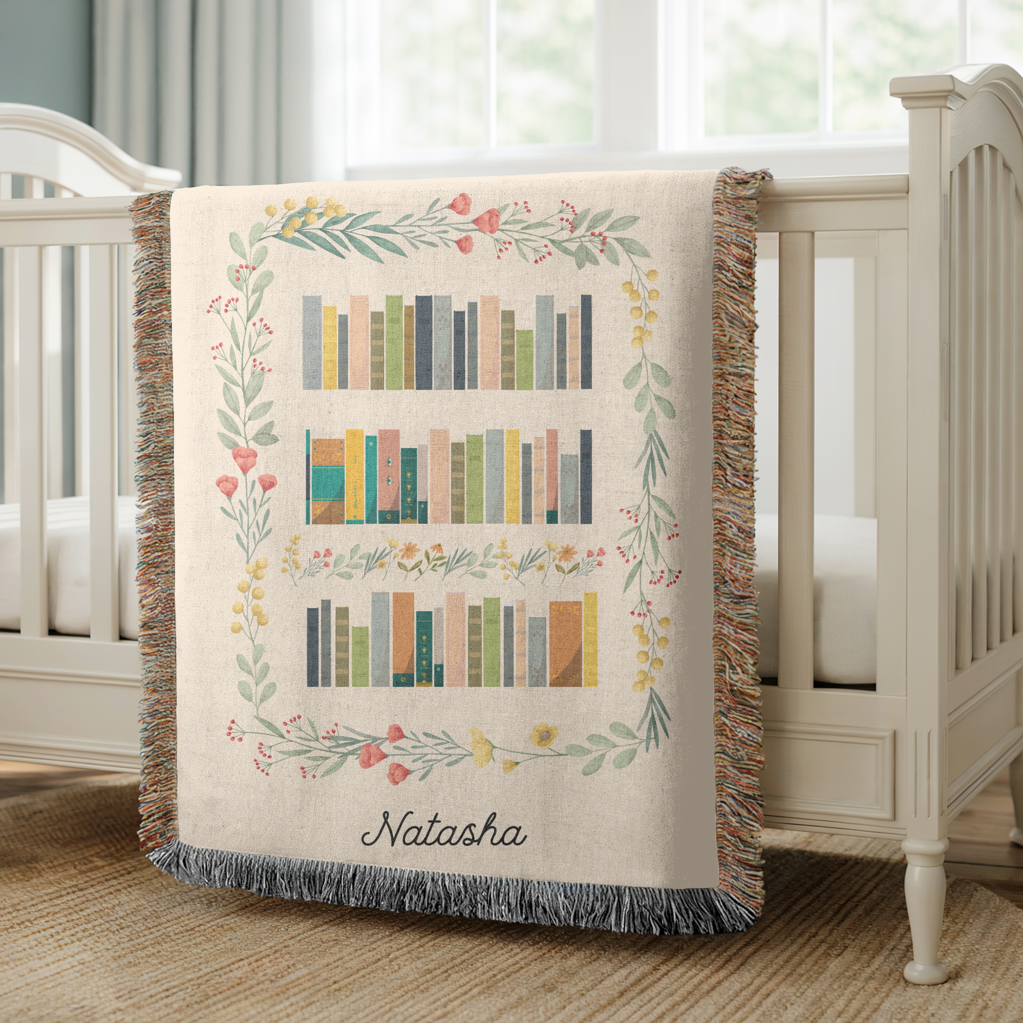 Personalized Book Lover Woven Blanket, Custom Name Reading Blanket, Bookshelf Throw for Readers, Librarian Gift, Cozy Literary Decor