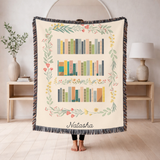 Personalized Book Lover Woven Blanket, Custom Name Reading Blanket, Bookshelf Throw for Readers, Librarian Gift, Cozy Literary Decor