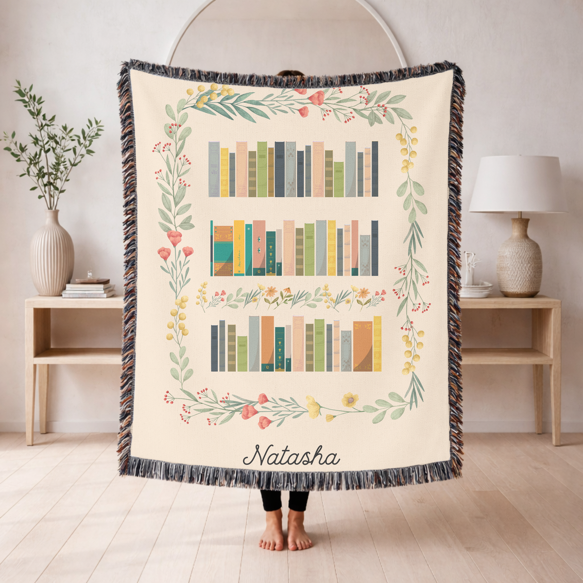 Personalized Book Lover Woven Blanket, Custom Name Reading Blanket, Bookshelf Throw for Readers, Librarian Gift, Cozy Literary Decor