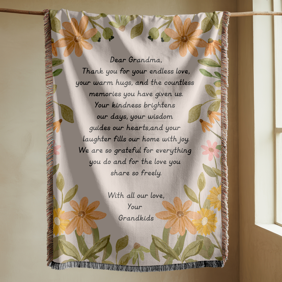 Personalized Grandma Appreciation Blanket, Custom Grandkids Letter Woven Blanket, Grandma Gift from Grandchildren, Floral Keepsake Throw