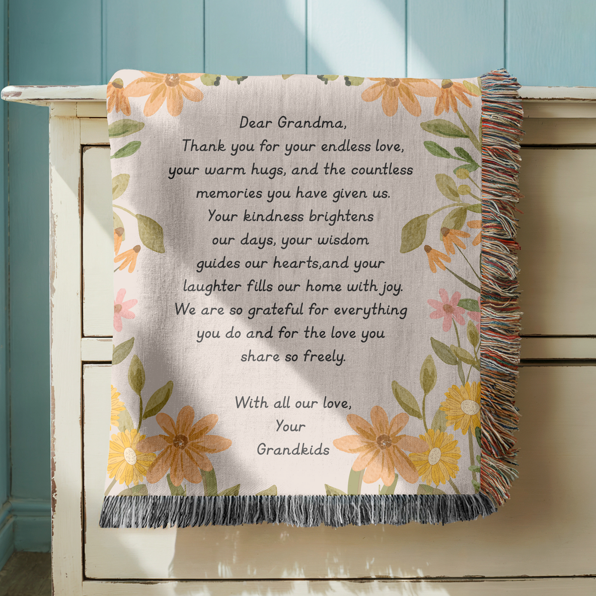 Personalized Grandma Appreciation Blanket, Custom Grandkids Letter Woven Blanket, Grandma Gift from Grandchildren, Floral Keepsake Throw