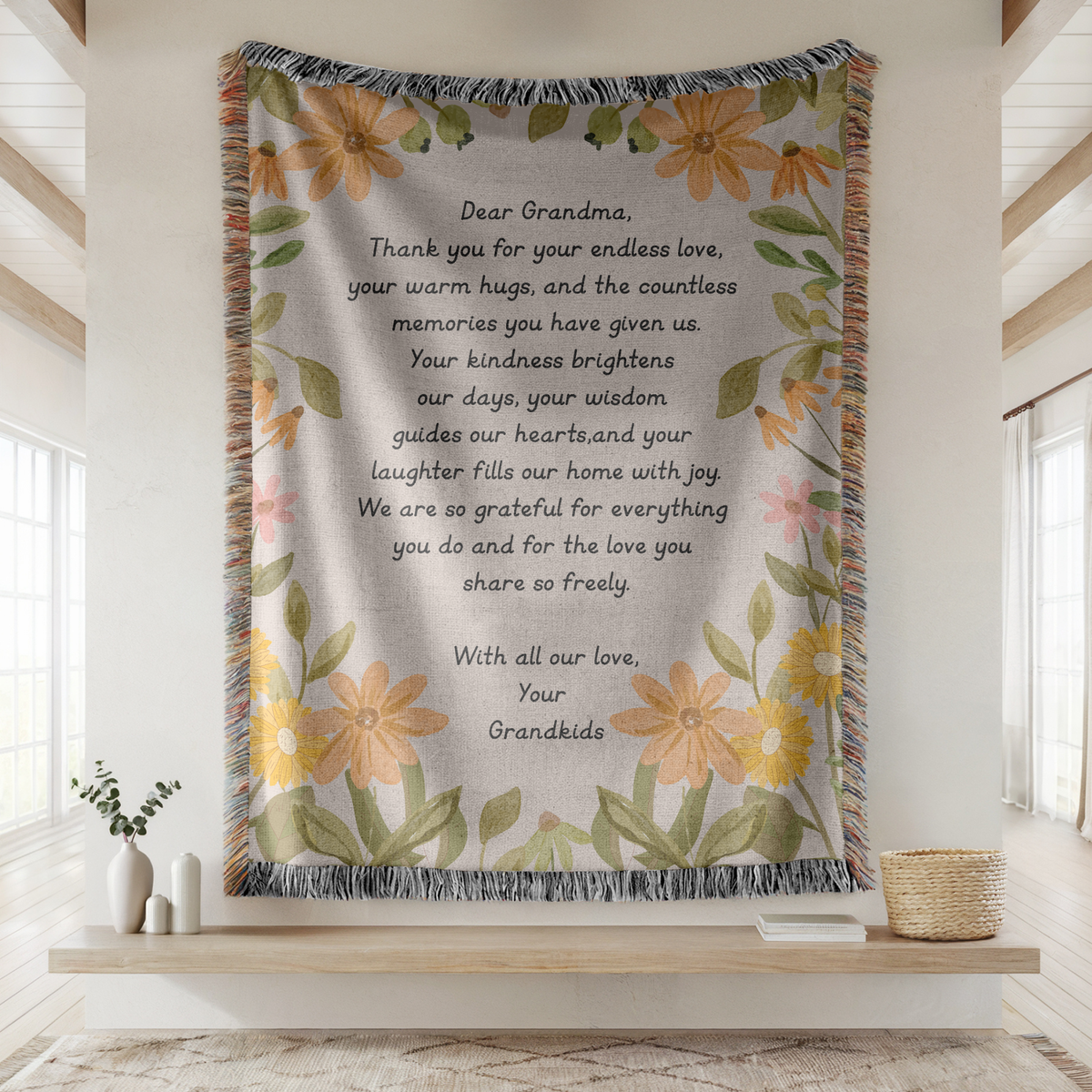 Personalized Grandma Appreciation Blanket, Custom Grandkids Letter Woven Blanket, Grandma Gift from Grandchildren, Floral Keepsake Throw