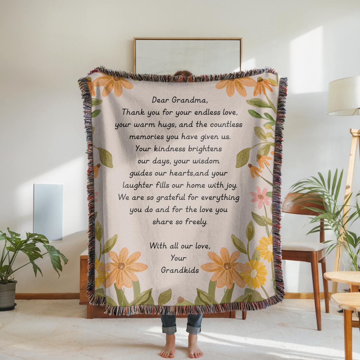 Personalized Grandma Appreciation Blanket, Custom Grandkids Letter Woven Blanket, Grandma Gift from Grandchildren, Floral Keepsake Throw