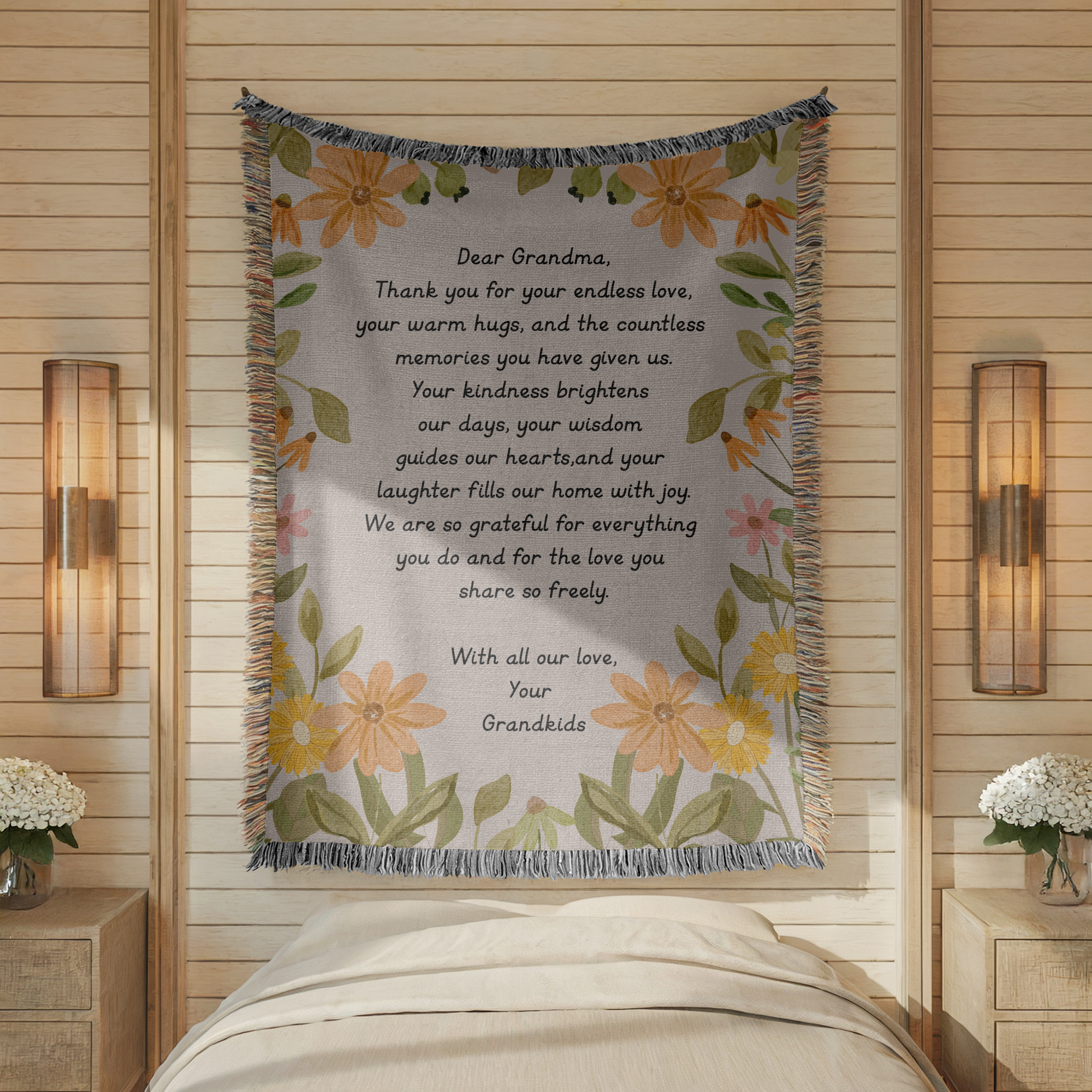 Personalized Grandma Appreciation Blanket, Custom Grandkids Letter Woven Blanket, Grandma Gift from Grandchildren, Floral Keepsake Throw