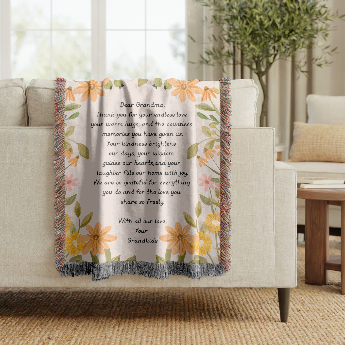 Personalized Grandma Appreciation Blanket, Custom Grandkids Letter Woven Blanket, Grandma Gift from Grandchildren, Floral Keepsake Throw