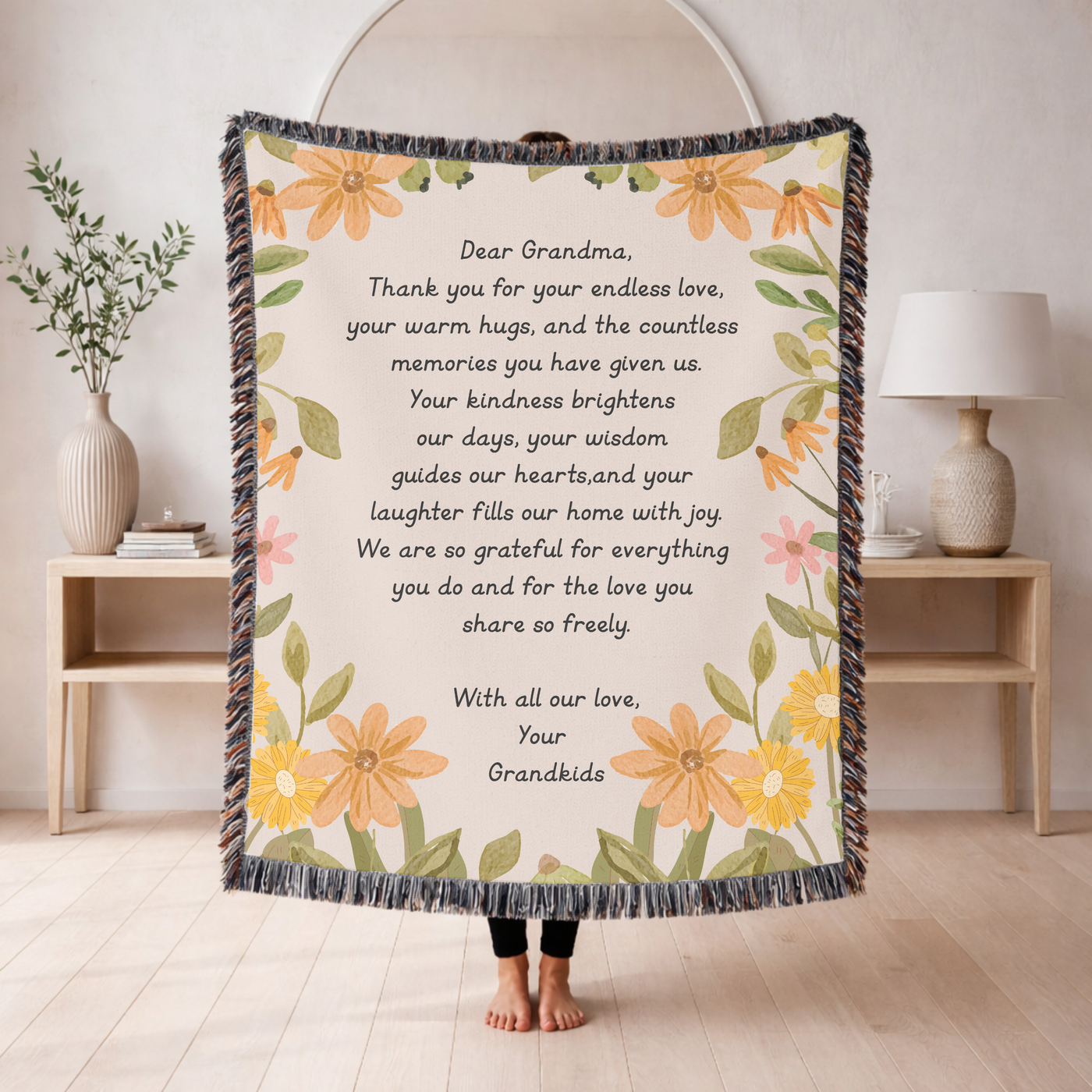 Personalized Grandma Appreciation Blanket, Custom Grandkids Letter Woven Blanket, Grandma Gift from Grandchildren, Floral Keepsake Throw
