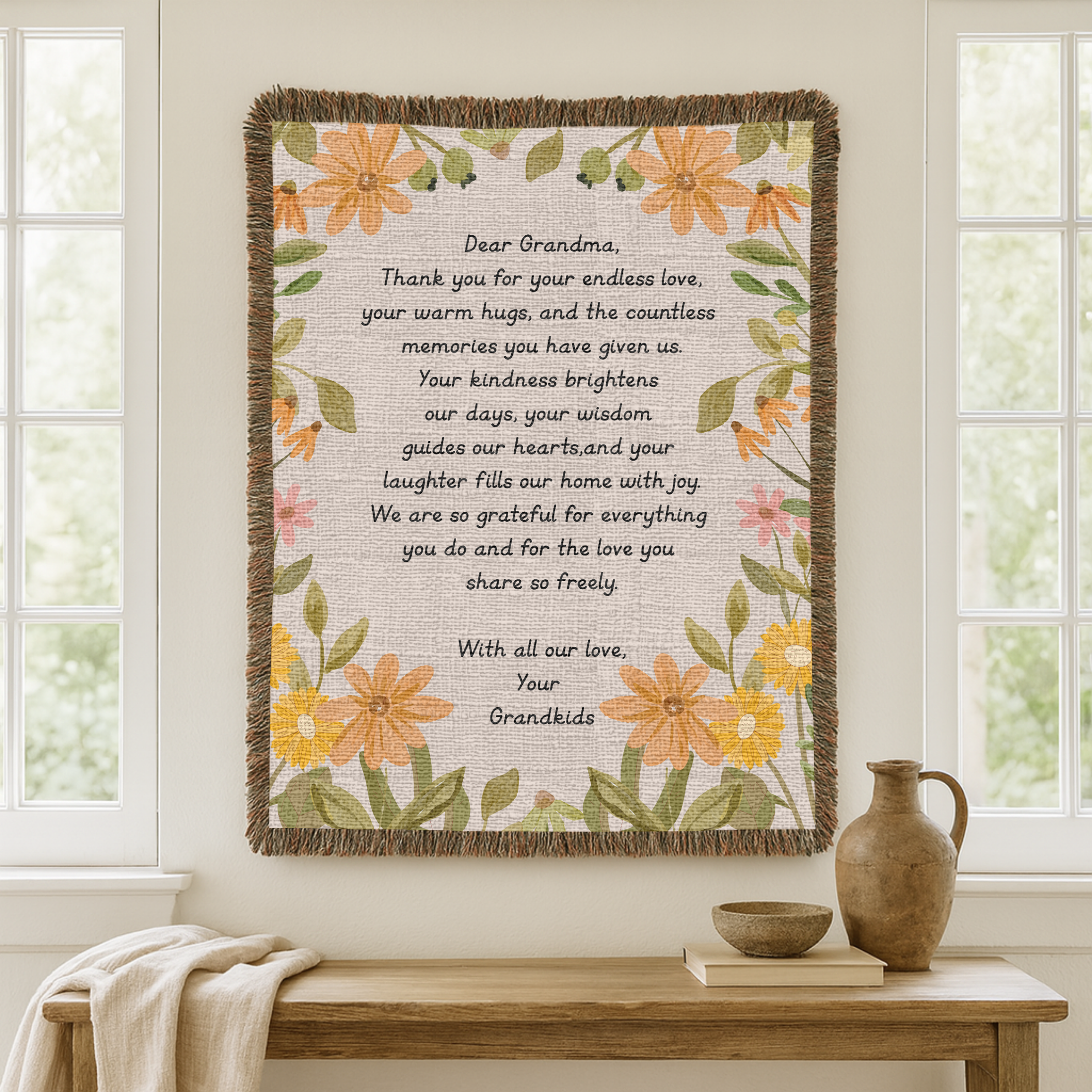 Personalized Grandma Appreciation Blanket, Custom Grandkids Letter Woven Blanket, Grandma Gift from Grandchildren, Floral Keepsake Throw