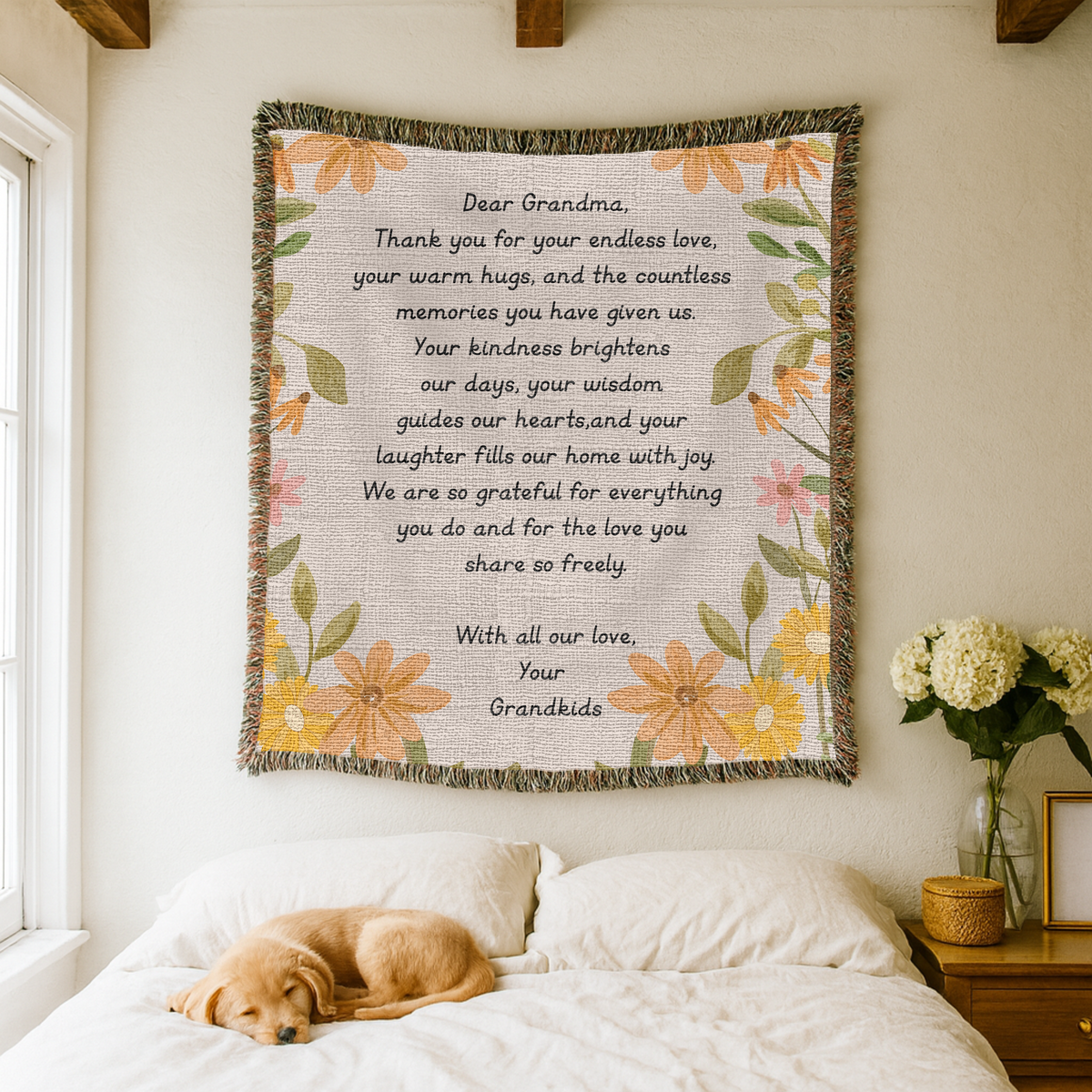 Personalized Grandma Appreciation Blanket, Custom Grandkids Letter Woven Blanket, Grandma Gift from Grandchildren, Floral Keepsake Throw