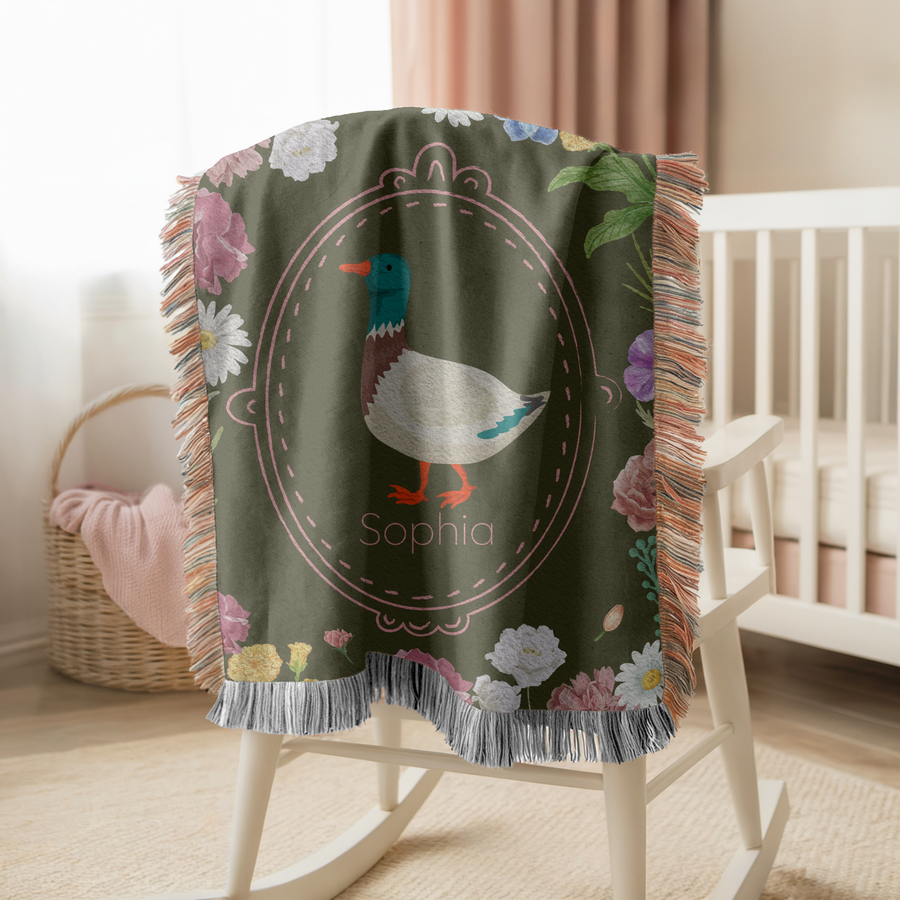 Personalized Duck Woven Blanket, Custom Name Nursery Blanket, Floral Animal Throw, Cottagecore Kids Blanket, Baby Girl Gift