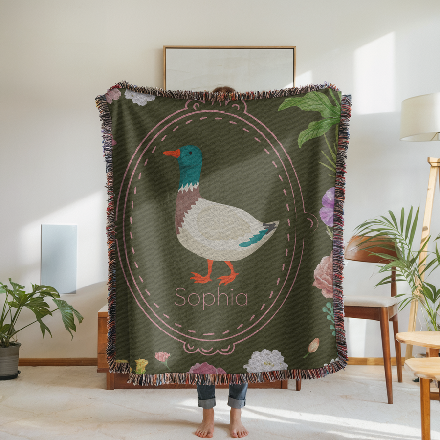 Personalized Duck Woven Blanket, Custom Name Nursery Blanket, Floral Animal Throw, Cottagecore Kids Blanket, Baby Girl Gift