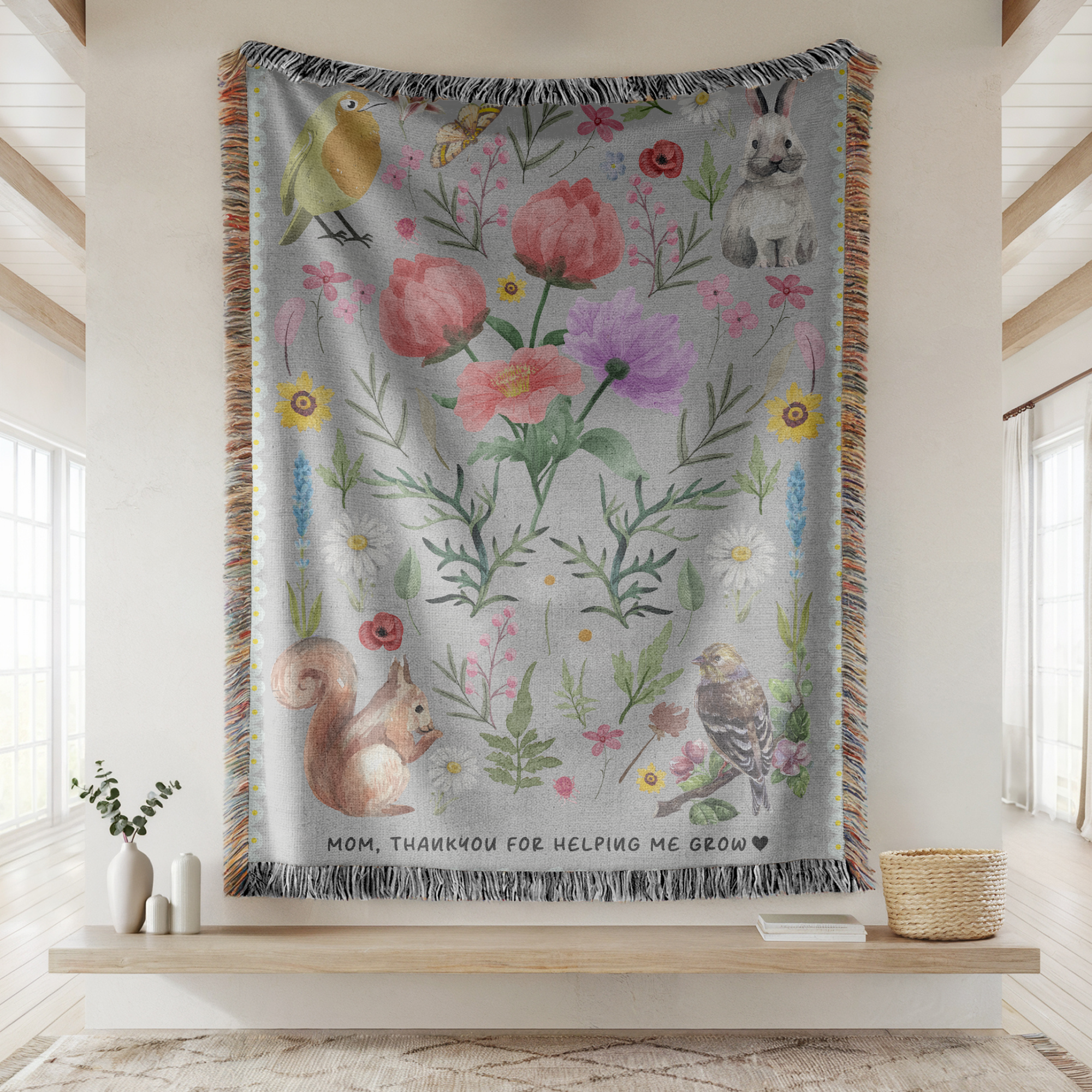 Personalized Mom Floral Woven Blanket, Thank You For Helping Me Grow Blanket, Mother’s Day Gift, Botanical Throw for Mom