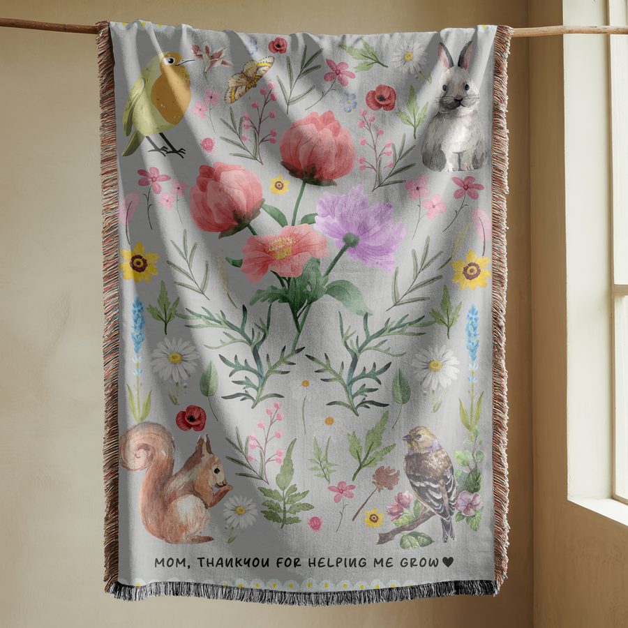 Personalized Mom Floral Woven Blanket, Thank You For Helping Me Grow Blanket, Mother’s Day Gift, Botanical Throw for Mom
