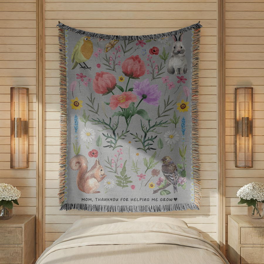 Personalized Mom Floral Woven Blanket, Thank You For Helping Me Grow Blanket, Mother’s Day Gift, Botanical Throw for Mom