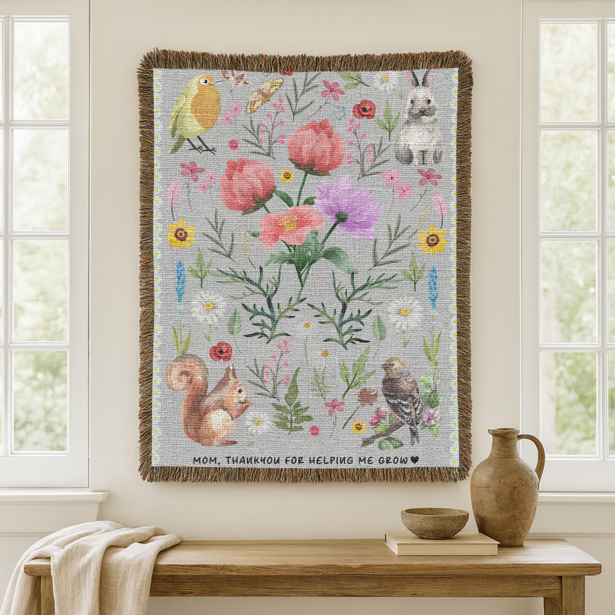 Personalized Mom Floral Woven Blanket, Thank You For Helping Me Grow Blanket, Mother’s Day Gift, Botanical Throw for Mom