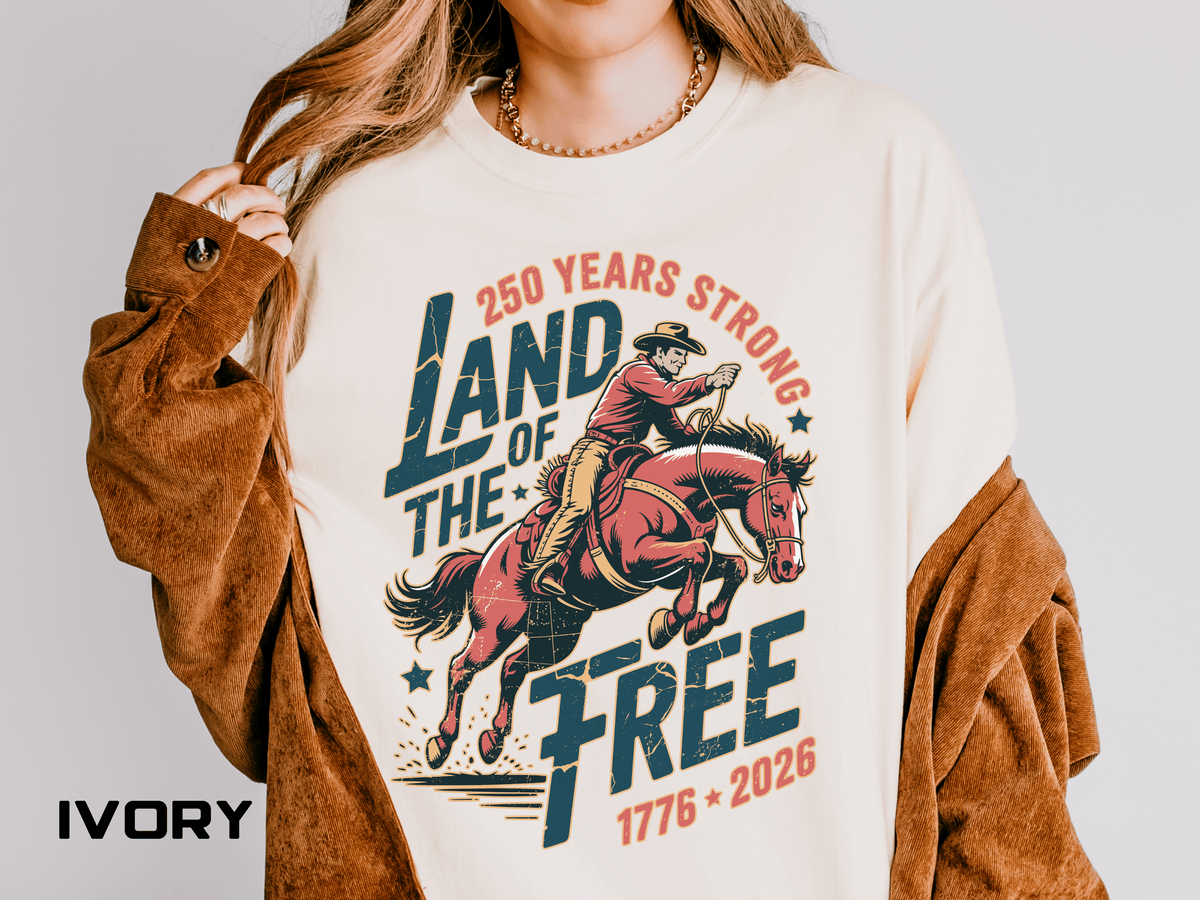 Land of the Free 250 Years Strong Comfort Colors Shirt, America 250th Anniversary Tee, Patriotic Cowboy Graphic Shirt, USA 1776-2026