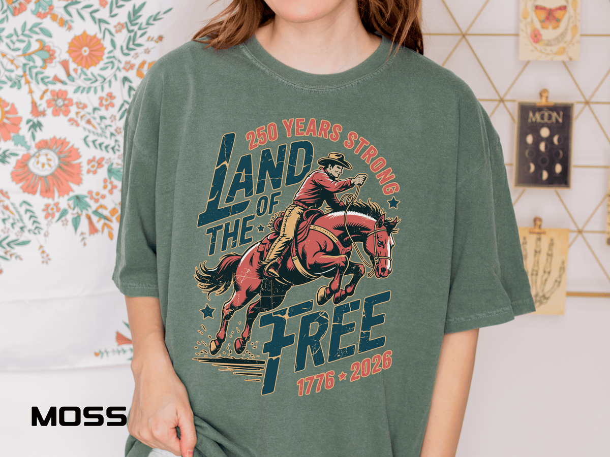 Land of the Free 250 Years Strong Comfort Colors Shirt, America 250th Anniversary Tee, Patriotic Cowboy Graphic Shirt, USA 1776-2026