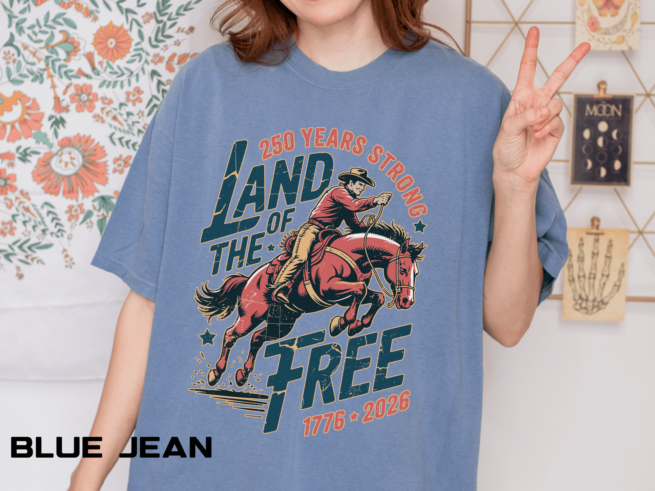 Land of the Free 250 Years Strong Comfort Colors Shirt, America 250th Anniversary Tee, Patriotic Cowboy Graphic Shirt, USA 1776-2026