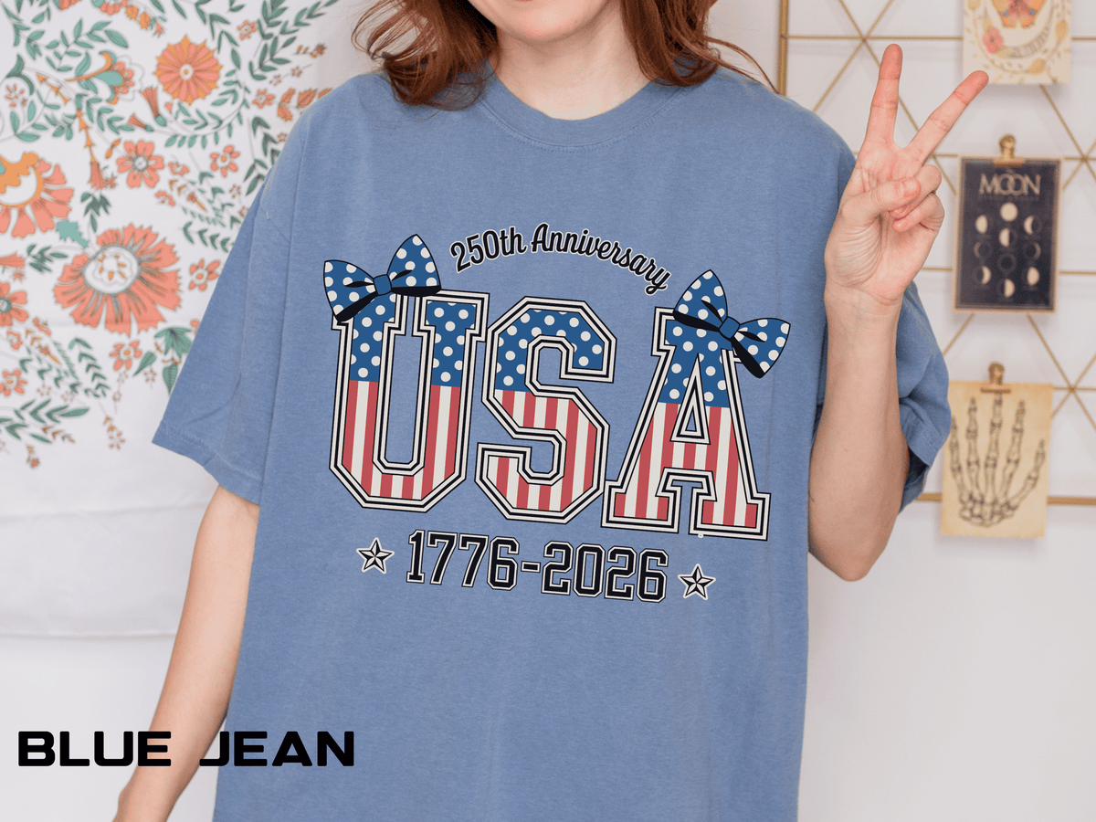 USA 250th Anniversary Comfort Colors Shirt, Patriotic Coquette Bow Tee, America 1776 2026 Graphic Shirt, Fourth of July Gift