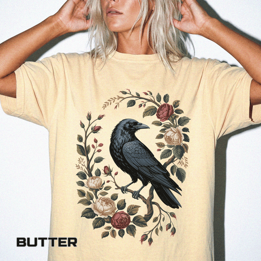 Vintage Raven Floral Comfort Colors Shirt, Gothic Crow and Roses Graphic Tee, Dark Cottagecore Shirt, Nature Lover Gift for Women