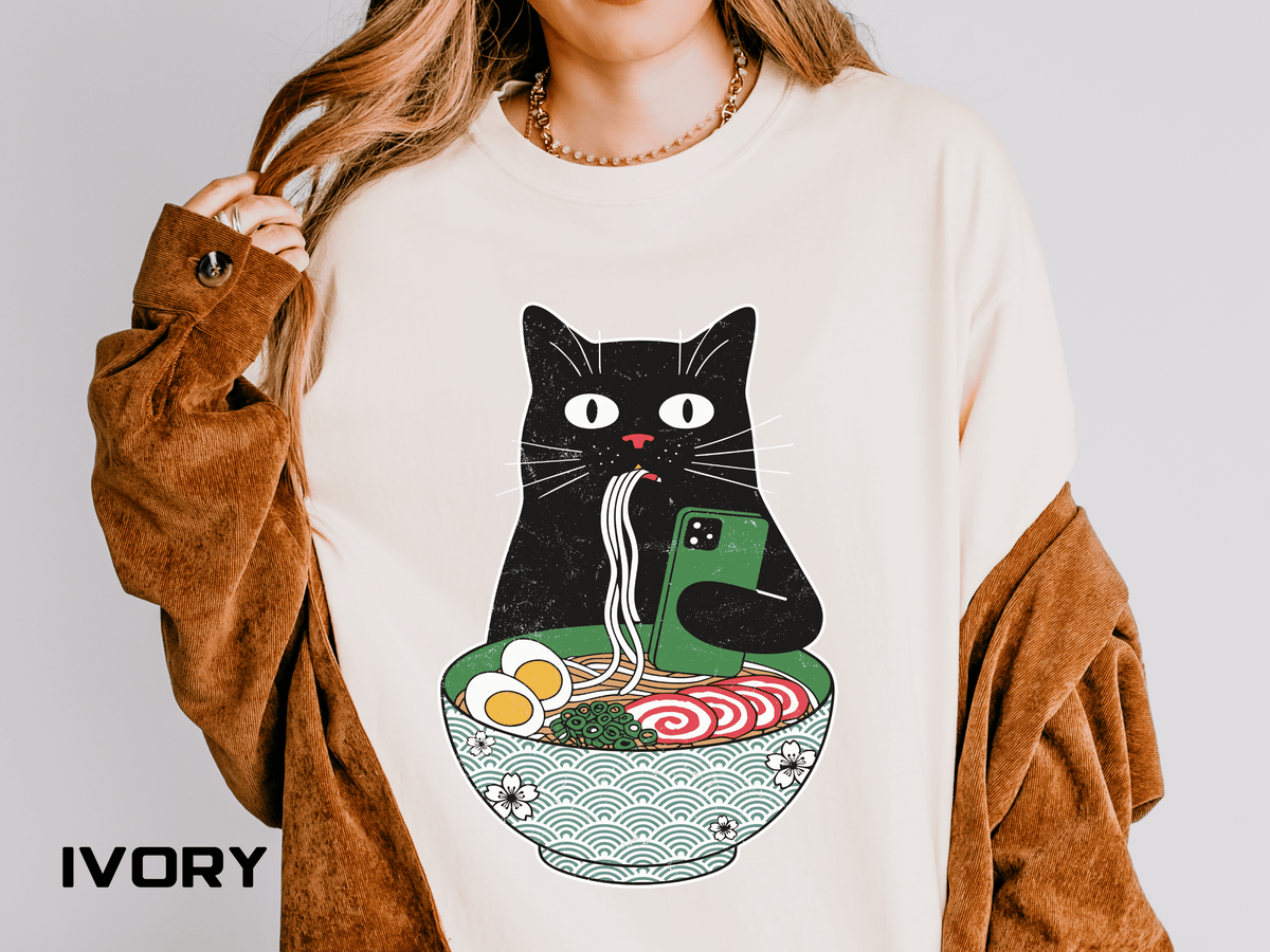 Black Cat Ramen Shirt Comfort Colors Tee, Funny Cat Lover Graphic Shirt, Introvert Cat Eating Noodles Tee, Japanese Foodie Gift