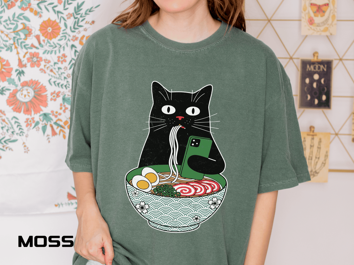 Black Cat Ramen Shirt Comfort Colors Tee, Funny Cat Lover Graphic Shirt, Introvert Cat Eating Noodles Tee, Japanese Foodie Gift