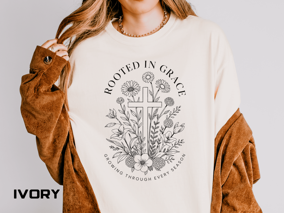 Comfort Colors Rooted in Grace Shirt, Christian Floral Cross Tee, Faith Based Graphic Shirt, Religious Gift for Women, Bible Verse Tee