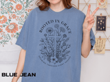 Comfort Colors Rooted in Grace Shirt, Christian Floral Cross Tee, Faith Based Graphic Shirt, Religious Gift for Women, Bible Verse Tee