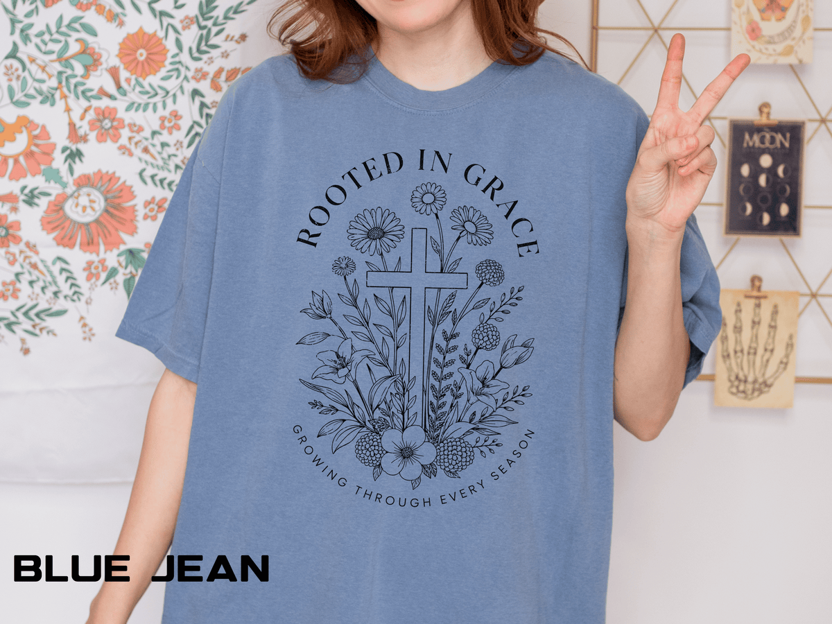 Comfort Colors Rooted in Grace Shirt, Christian Floral Cross Tee, Faith Based Graphic Shirt, Religious Gift for Women, Bible Verse Tee