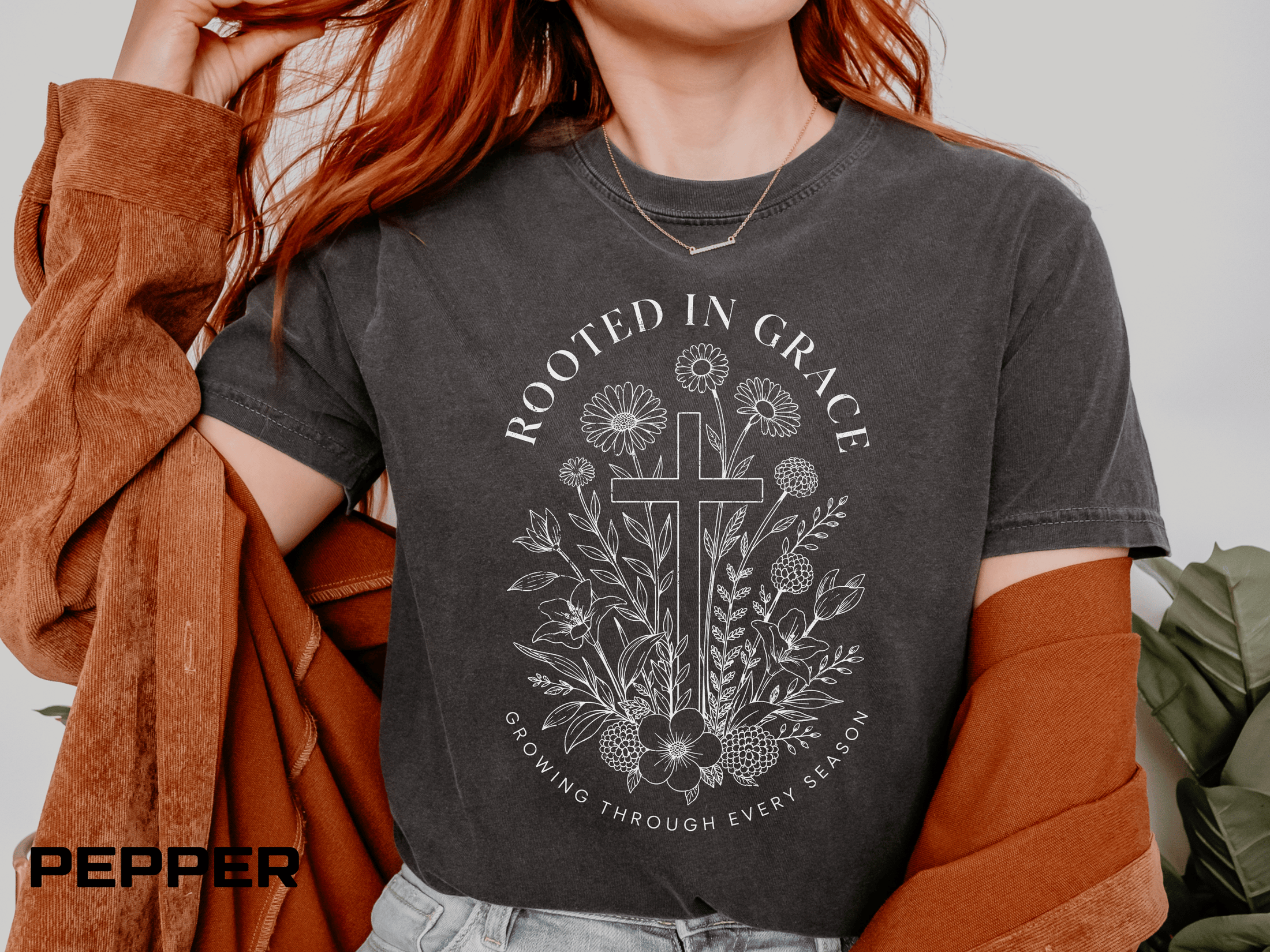 Comfort Colors Rooted in Grace Shirt, Christian Floral Cross Tee, Faith Based Graphic Shirt, Religious Gift for Women, Bible Verse Tee