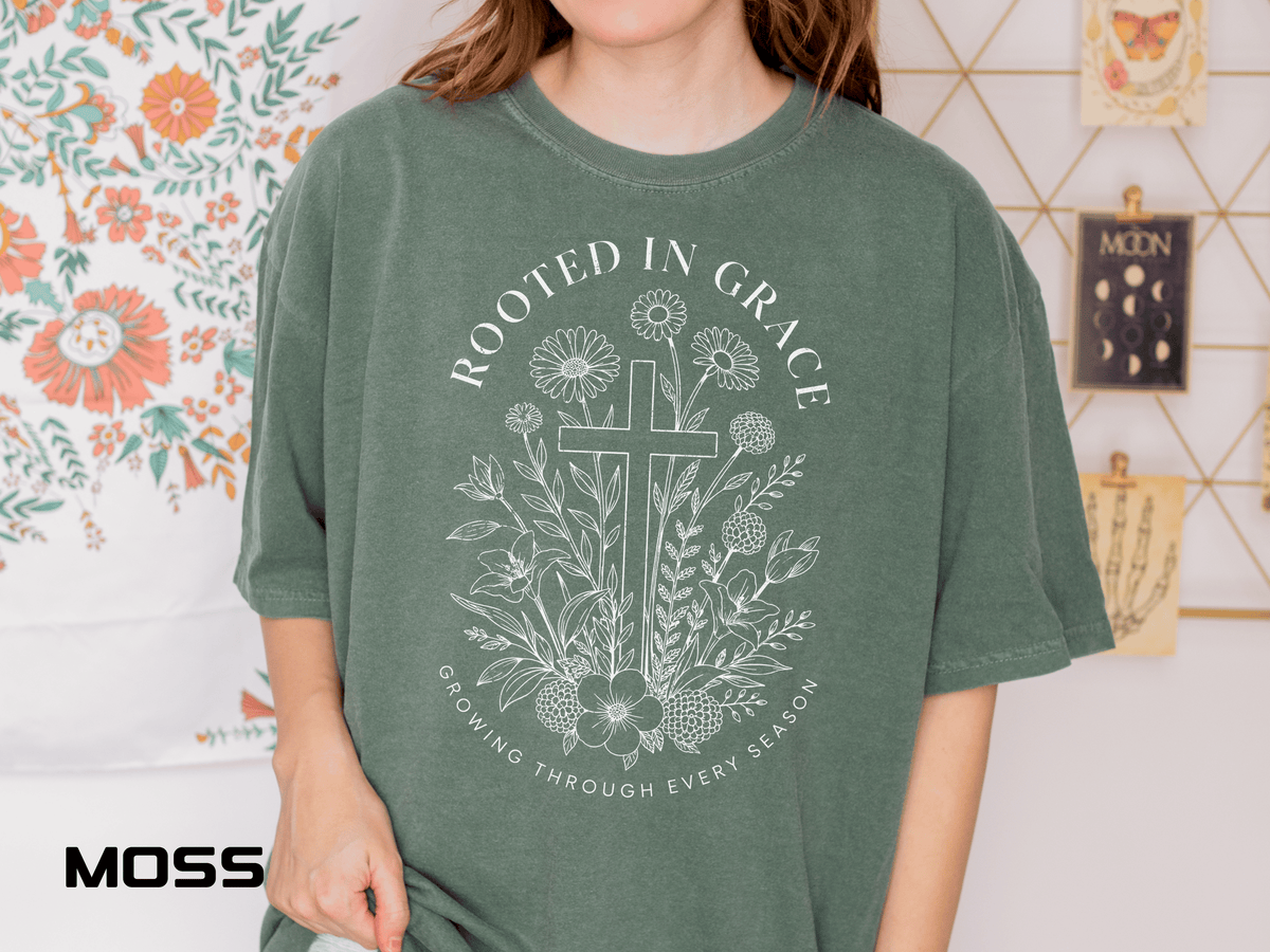 Comfort Colors Rooted in Grace Shirt, Christian Floral Cross Tee, Faith Based Graphic Shirt, Religious Gift for Women, Bible Verse Tee