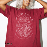 Comfort Colors Rooted in Grace Shirt, Christian Floral Cross Tee, Faith Based Graphic Shirt, Religious Gift for Women, Bible Verse Tee