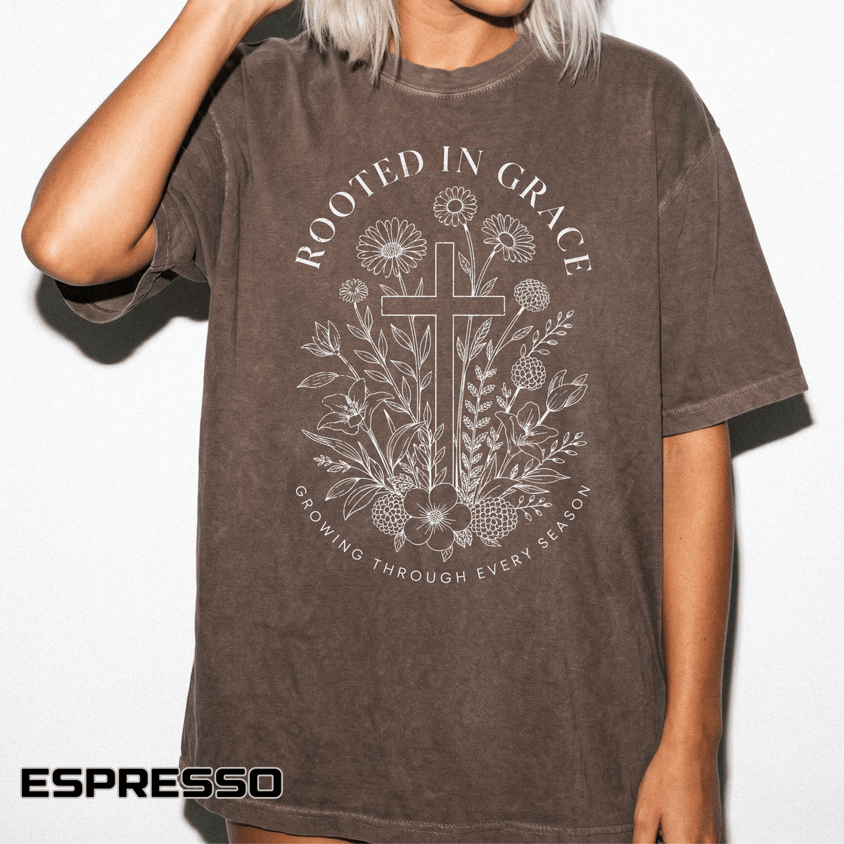 Comfort Colors Rooted in Grace Shirt, Christian Floral Cross Tee, Faith Based Graphic Shirt, Religious Gift for Women, Bible Verse Tee