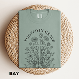 Comfort Colors Rooted in Grace Shirt, Christian Floral Cross Tee, Faith Based Graphic Shirt, Religious Gift for Women, Bible Verse Tee