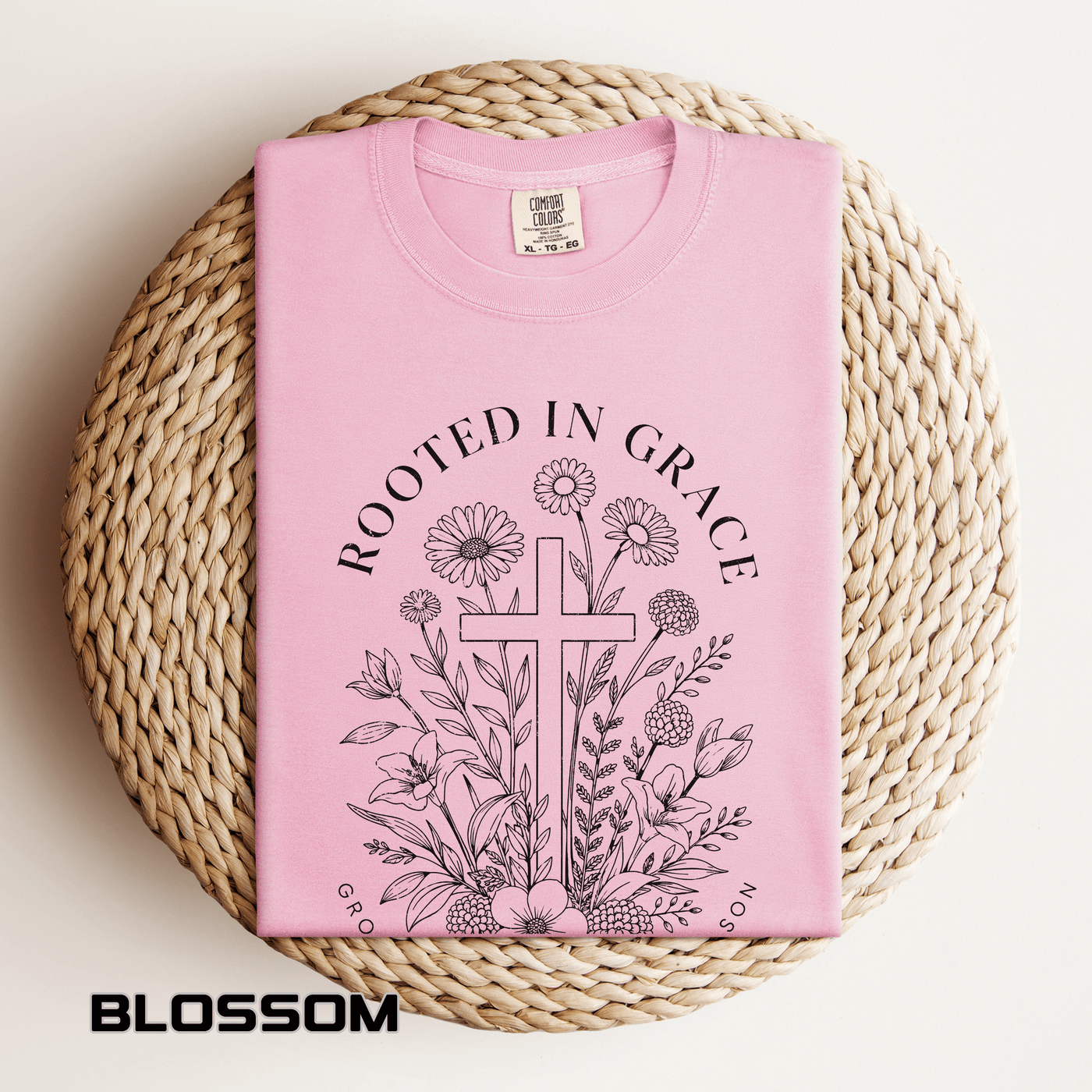 Comfort Colors Rooted in Grace Shirt, Christian Floral Cross Tee, Faith Based Graphic Shirt, Religious Gift for Women, Bible Verse Tee